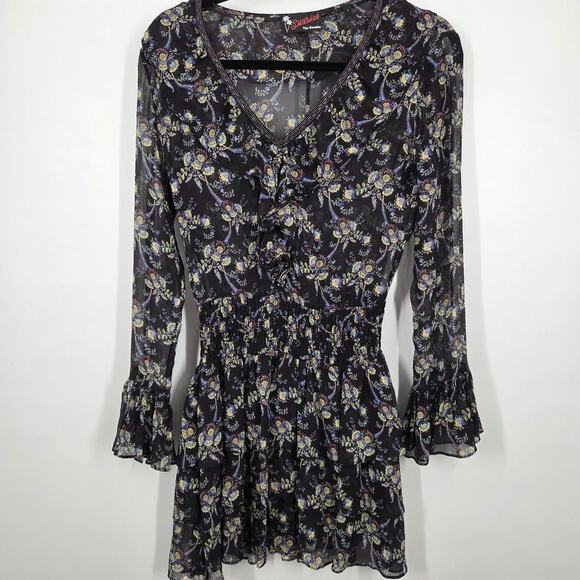 The Kooples Sunrise 1 XS Silk Floral Mini Dress Smocked Long Sleeve Sheer Bead - Picture 1 of 6